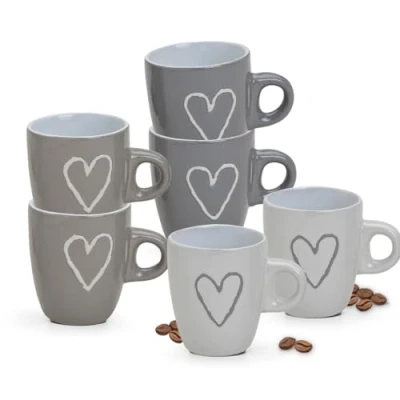 Abbildung von matches21 HOME &amp; HOBBY Tasse Espresso Tassen 6er Set Landhaus Stil Herzen einfarbig, Keramik, Kleine Kaffee Tassen, klassisch, weiß beige grau, 50 ml