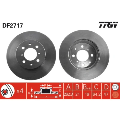 Abbildung von TRW DF2717 Bremsscheibe 262 21 4 100 Belüftet lackiert hochgekohlt mit Schrauben HONDA: Concerto Schrägheck, Limousine, ROVER: 200 Hatchback