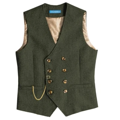 Abbildung von Solovedress Mens Vintage Wolle Anzugweste Regular Fit Weste Anzug für Hochzeit Groomsmen(Army Green,XL)