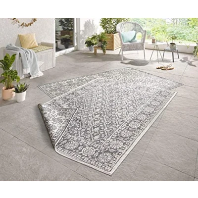 Abbildung von NORTHRUGS in und Outdoor Teppich Curacao 200x290cm Wendeteppich Wetterfest Modernes Grafisches Muster für Balkon Terrasse Garten Wintergarten Küche Wohnzimmerteppich Wasserfest Schwarz Creme