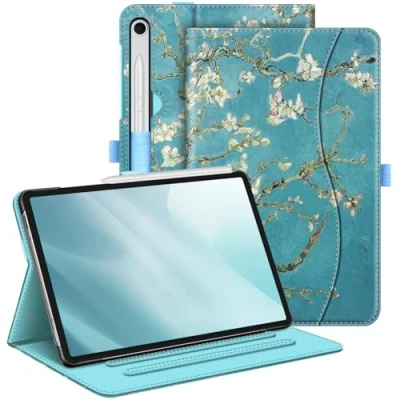 Abbildung von Fintie Hülle für Samsung Galaxy Tab S9 FE 10.9 Zoll/Tab 11 Zoll 2023 Tablet, Multi Winkel Folio Schutzhülle mit Dokumentenfach und Auto Schlaf/Wach Funktion, Mandelblüten