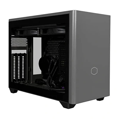 Abbildung von Cooler Master MasterBox NR200P MAX Mini ITX PC Gehäuse Seitenteil aus gehärtetem Glas, 280mm AIO CPU Kühler, 850W 80 PLUS Gold SFX Netzteil, vertikale GPU Halter mit PCI e 4.0 x16 Riser Kabel