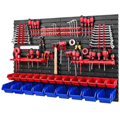 Abbildung von Werkzeugwand Stapelboxen 1152 x 780 mm Lagersystem SET Werkzeughaltern und 23 Rot/Blau Boxen Wandregal Werkstattregal Lochwand Schüttenregal Sichtlagerkästen