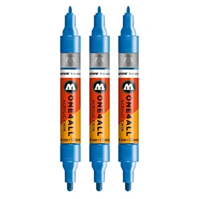 Abbildung von Molotow One4All Acrylic Twin Marker (Strichstärke 1.5 mm und 4 mm, hochdeckend permanent) 3 Stück Farbe 224 metallic blau