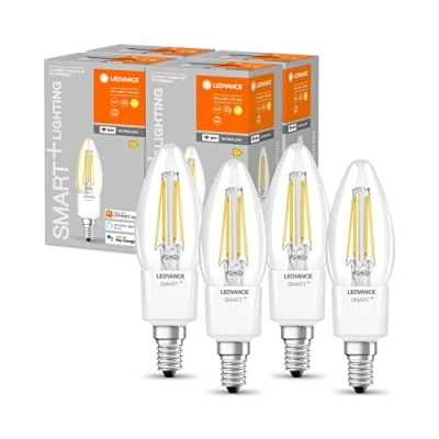 Abbildung von LEDVANCE Smarte LED Lampe mit Wifi Technologie, Sockel E14, Dimmbar, Warmweiß (2700K), Kerzenform, Klares Filament, Ersatz für herkömmliche 40W Glühbirnen, steuerbar Alexa, Google &amp; App, 4er Pack