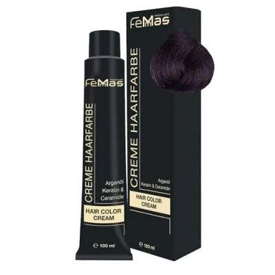 Abbildung von FemMas Haarfarbe Mittelbraun Violett 4.2 I Professionelle Creme mit Arganöl, Keratin &amp; Ceramiden Als dauerhafte Haarfärbung oder Tönung für strahlende, haltbare Farbergebnisse 100 ml