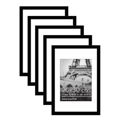 Abbildung von Americanflat Bilderrahmen 20x30 cm in Schwarz 15x20 mit Passepartout und ohne Set 5 Rahmen Poliertem Plexiglas Sägezahn Aufhängung