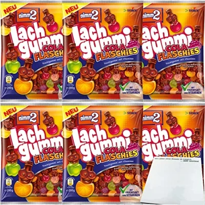 Abbildung von nimm2 Lachgummi Cola Flaschies 6er Pack (6x200g Beutel) + usy Block