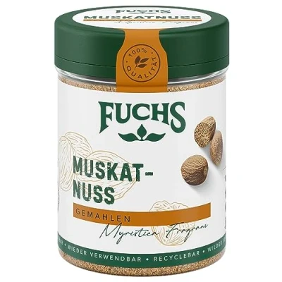 Abbildung von Fuchs Gewürze Muskatnuss gemahlen verfeinert Kartoffelgerichte aller Art oder Desserts natürliche Zutaten 50 g in wiederverwendbarer, recyclebarer Dose
