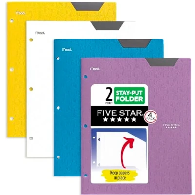 Abbildung von Five Star 2 Pocket Folders, 4 Pack, Plastic Folders with Stay Put Tabs, Fits 3 Ring Binder, Holds 8 1/2 x 11&quot; Paper, Writable Label, Tidewater Blue, White, Amethyst Purple, Harvest Yellow (38065)