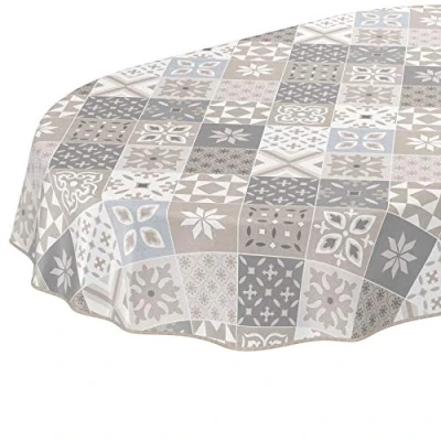 Abbildung von ANRO Tischdecke Wachstuch abwaschbar Wachstuchtischdecke Wachstischdecke Kacheloptik Fliese Beige Grau Blau Oval 240x140cm mit Saum Eingefasst