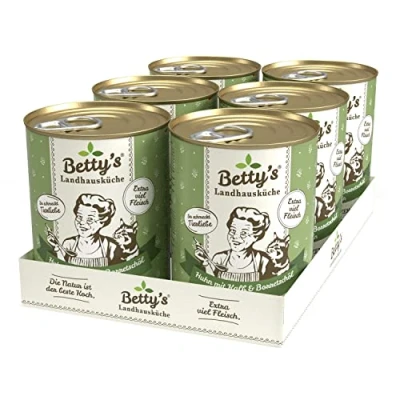 Abbildung von Betty&#039;s Landhausküche Dose Nassfutter Katze, getreidefrei, beste Qualität, hochwertiges Fleisch, schonend gegart, für alle Katzenrassen geeignet, Huhn &amp; Kalb mit Borretschöl 6 x 400g
