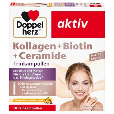 Abbildung von Doppelherz Kollagen + Biotin Ceramide Biotin, Vitamin B2, Niacin und Zink unterstützen den Erhalt normaler Haut 10 Trinkampullen mit Mango Maracuja Geschmack