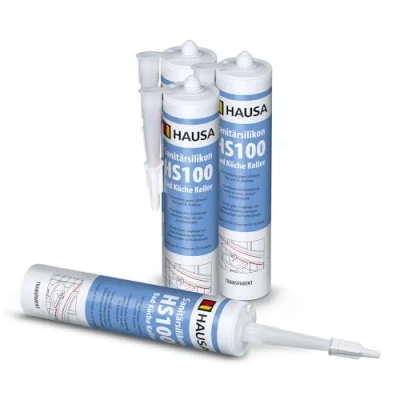Abbildung von HAUSA Sanitär Silikon HS100 transparent 4x 310ml hochelastische Fugendichtmasse für Bad Dusche Küche schimmelresistenter wasserdichter Acetat Dichtstoff in Kartusche zum Abdichten Verfugen
