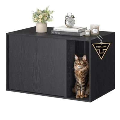 Abbildung von SONGMICS HOME Katzenklo Schrank, Toolless Technologie, Superschnelle werkzeuglose Montage, Katzenhaus für große Katzen, Push to Open Türen, Beistelltisch, minimalistisch, schwarz PCL013B03