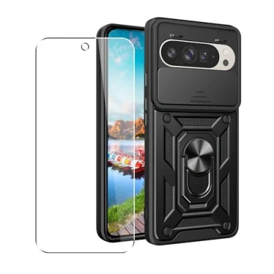 Abbildung von SDTEK Hülle Für Google Pixel 9 Handyhülle Kameraobjektivschutz, Ständer, Magnetringhalter Glas Displayschutzfolie (Schwarz)