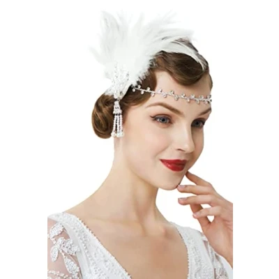 Abbildung von BABEYOND Damen Feder Stirnband 1920s Stil Flapper Art Deco Inspiriert von Great Gatsby Blatt Blinkende Kristalle Haarband (Weiß)
