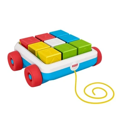 Abbildung von Fisher Price GJW10 Bausteinwagen, Spielzeug Bollerwagen mit 9 Bausteinen, Babyspielzeug ab 6 Monaten