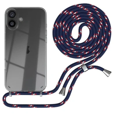 Abbildung von EAZY CASE Handykette kompatibel mit iPhone 16 Plus Handyhülle Umhängeband, Handykordel Schutzhülle, Silikonhülle, Hülle Band, Stylische Kette für Smartphone, Navy Camouflage