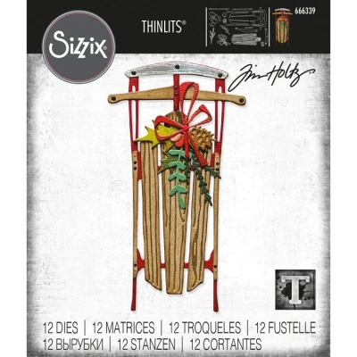 Abbildung von Sizzix Thinlits Set, 12 Stück, Vintage Schlitten von Tim Holtz 666339 Hauchdünne Stanzformen aus Metall für Scrapbooking, Prägen, Journaling, Silver, One Size