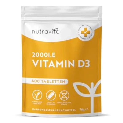 Abbildung von Vitamin D3 2000 I.E 400 Tabletten (1+ Jahr) Vegetarisch Hochdosiert Sonnenvitamin für Immunsystem, Knochen, Zähne &amp; Muskeln D Laborgeprüft Cholecalciferol Nutravita