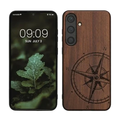 Abbildung von kwmobile Hülle kompatibel mit Samsung Galaxy S24 Plus Holz Case Handy Cover TPU Handyhülle in Dunkelbraun Kompass Vintage