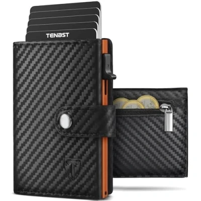 Abbildung von TENBST Geldbörse Herren mit Münzfach &amp; RFID Schutz, Slim Wallet Kartenetui Klein, Portmonee Geldbeutel Herren, 10 Fächer für Kreditkarten Kreditkartenetui Schwarz Orange