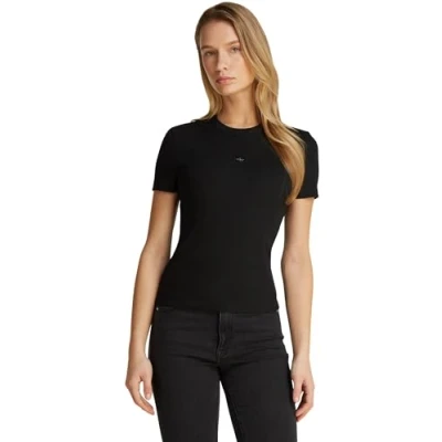Abbildung von Calvin Klein Damen T Shirt Kurzarm Woven Label Rib Tee Slim Fit, Schwarz (Ck Black), S
