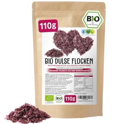 Abbildung von Dulse Algen Bio Flocken Lappentang aus dem Atlantik 110 Gramm biologischem Anbau kontrolliert und abgefüllt bei uns in Deutschland
