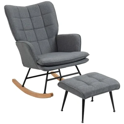 Abbildung von HOMCOM Schaukelsessel mit Hocker, Relaxsessel Leinenoptik (Armlehnsessel, 2 St., Schwingsessel), für Wohnzimmer, Schlafzimmer, Grau