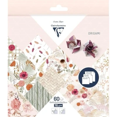 Abbildung von Clairefontaine 95371C Packung mit 60 Blatt Origami, 70g, 3 Formate (10x10cm, 15x15cm, 20x20cm), Trockenblumen, 1 Pack