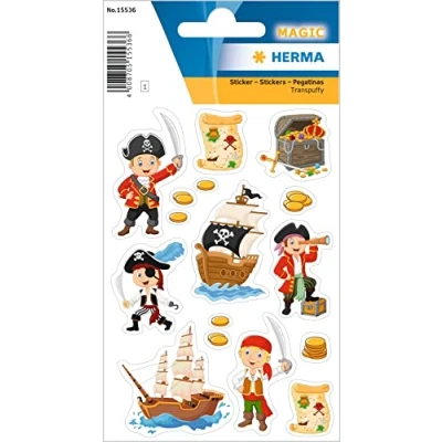 Abbildung von HERMA 15536 Aufkleber Piraten klein, 16 Stück, Piratenschiff Sticker mit Schatztruhe Schatzkarte Motiv, Kinder Etiketten für Fotoalbum Poesiealbum Scrapbooking Geburtstag Dekoration Briefe DIY Basteln