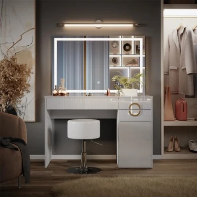 Abbildung von Vicco Schminktisch Adela, Weiß Hochglanz, 115 cm mit LED Spiegel und Hocker