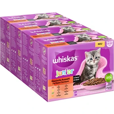 Abbildung von Whiskas Junior Katzennassfutter Klassische Auswahl in Sauce, 48 Portionsbeutel, 12x85g (4er Pack) Hochwertiges Katzenfutter nass, für heranwachsende Katzen von 2 bis 12 Monaten
