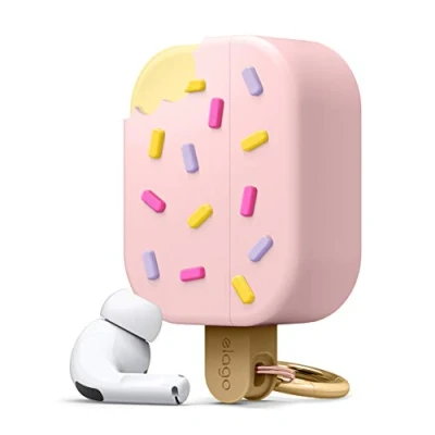 Abbildung von elago Ice Cream Case mit Karabiner Kompatibel AirPods Pro Hülle, Silikonhülle im 3D EIS Design, Süße Schutzhülle (Erdbeere)