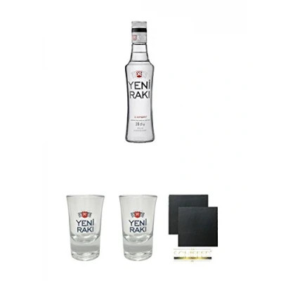 Abbildung von Yeni Raki 0,2 Liter + Shot Glas Schiefer Glasuntersetzer eckig ca. 9,5 cm Ø 2 Stück