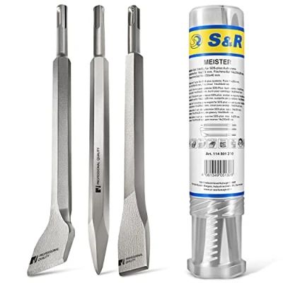 Abbildung von S&amp;R Meißel Set SDS plus 3 teilig, universell einsetzbar, gehärtet, 258 in mm, (Set, teilig: Flachmeißel, Spitzmeißel, Fliesenmeißel) sehr lange Lebensdauer durch hochwertiger Vergütungsstahl