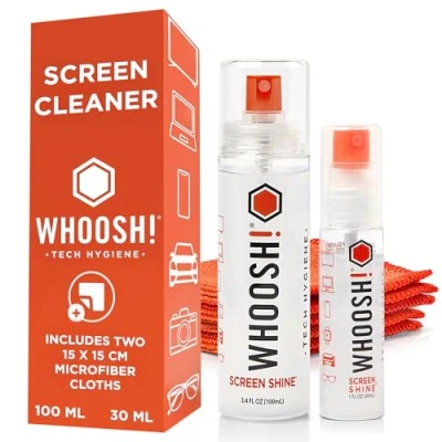 Abbildung von WHOOSH! Screen Cleaner Spray und Tücher 100 30 ml + 2 Mikrofasertücher Duo mit Flaschen in Standard Reisegröße für TV, Auto, Computer, Laptop, MacBook, iPad, Handy, Kamera, Brille, Uhr