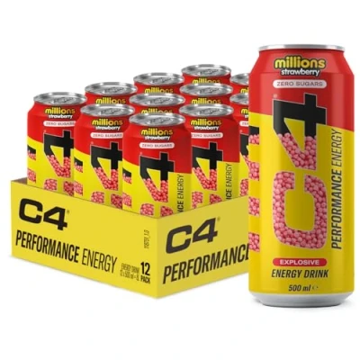 Abbildung von C4 Performance Energy Drinks Millions Strawberry 500 ml (12er Pack) Zuckerfreier Drink mit 160 mg Koffein, 250 Betain, 1050 Taurin Kalorienarme kohlensäurehaltige Getränke für