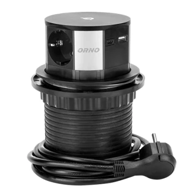 Abbildung von ORNO GM 9017 Tischsteckdose Versenkbar Ø10cm mit Induktionsladegerät, 2 USB Anschlüsse (A, C) 1,5 m Kabel Kabelverschraubung