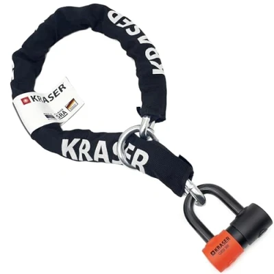 Abbildung von KRASER KR50120L Kettenschloss Schloß Motorrad Scheibensperre gegen Diebstahl Mini U ø18 + Kette 120cm ø13,5mm mit Schleifensystem Sicherheitskit Zugelassene SRA Diebstahlsicherer Motorradroller