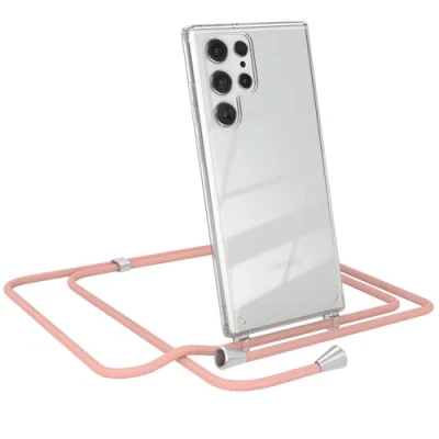 Abbildung von EAZY CASE Smartphone Necklace kompatibel mit Samsung Galaxy S22 Ultra 5G, Tasche Schultertasche Crossbody Bag, Handyhülle zum Umhängeband Kordel in komplett Alt Rosa Endstücken Silber