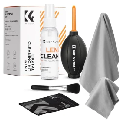 Abbildung von K&amp;F Concept 6 in 1 Reinigungsset Reinigungs Kit für DSLR Kamera Objektive Handys mit 2 Stück 15 * 15cm Reinigungstuch, Power Blasebalg, Flüssig Reiniger,Lens Pen