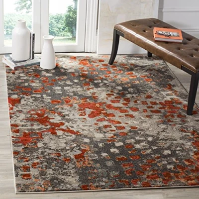 Abbildung von SAFAVIEH Boho Teppich für Wohnzimmer, Esszimmer, Schlafzimmer Monaco Collection, Kurzer Flor, Grau und Orange, 155 X 231 cm