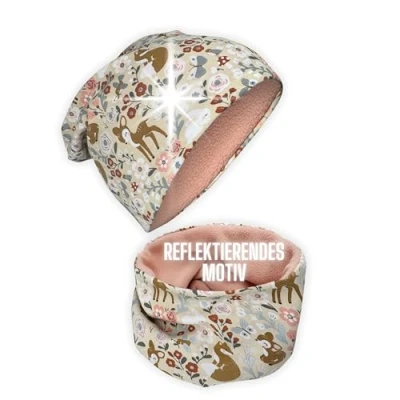 Abbildung von HECKBO 360 Reflektor Kinder Mütze &amp; Loop Schal Set Waldtiere Vlies Innen Winter 2 6 Jahre 95% Baumwolle weiches pflegeleichtes Stretch Material