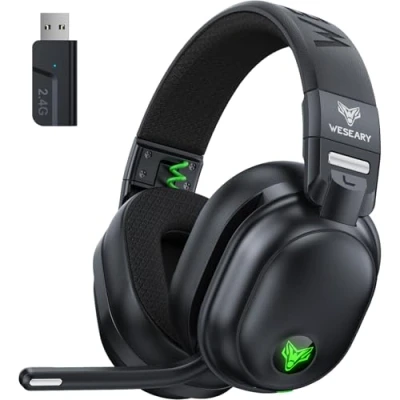 Abbildung von WESEARY WG3 Bluetooth Kopfhörer, 2,4G Wireless Gaming Headset mit Mikrofon für PS5, PS4, PC, Switch, Mac, Faltbarer Surround Sound Noise Cancelling RGB Licht, Über 50 Stunden Akkulaufzeit