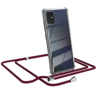 Abbildung von EAZY CASE Handykette kompatibel mit Samsung Galaxy A51 Handyhülle Umhängeband, Handykordel Schutzhülle, Silikonhülle, Hülle Band, Stylische Kette für Smartphone, Burgunder Rot