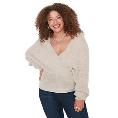 Abbildung von TRENDYOL Damen Pullover Kragen, Einfarbig, Zweireihig, Übergröße Sweatshirt, Felsen, 3XL Größen