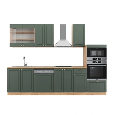 Abbildung von Vicco Küchenzeile Fame Line, Grün Gold Landhaus/Goldkraft Eiche, 300 cm mit Hochschrank, AP Eiche