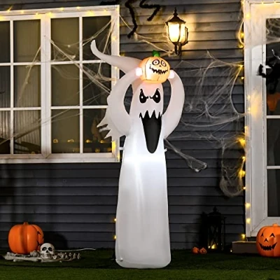 Abbildung von Halloween aufblasbares Gespenst 1,8 m Dekoration mit LEDs Weiß + Orange Polyester 80 x 40 180 cm